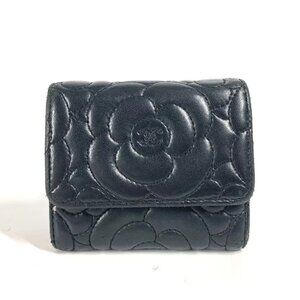 CHANEL Bicolor Camelia Compact wallet Trifold wallet Leather Black/Beige